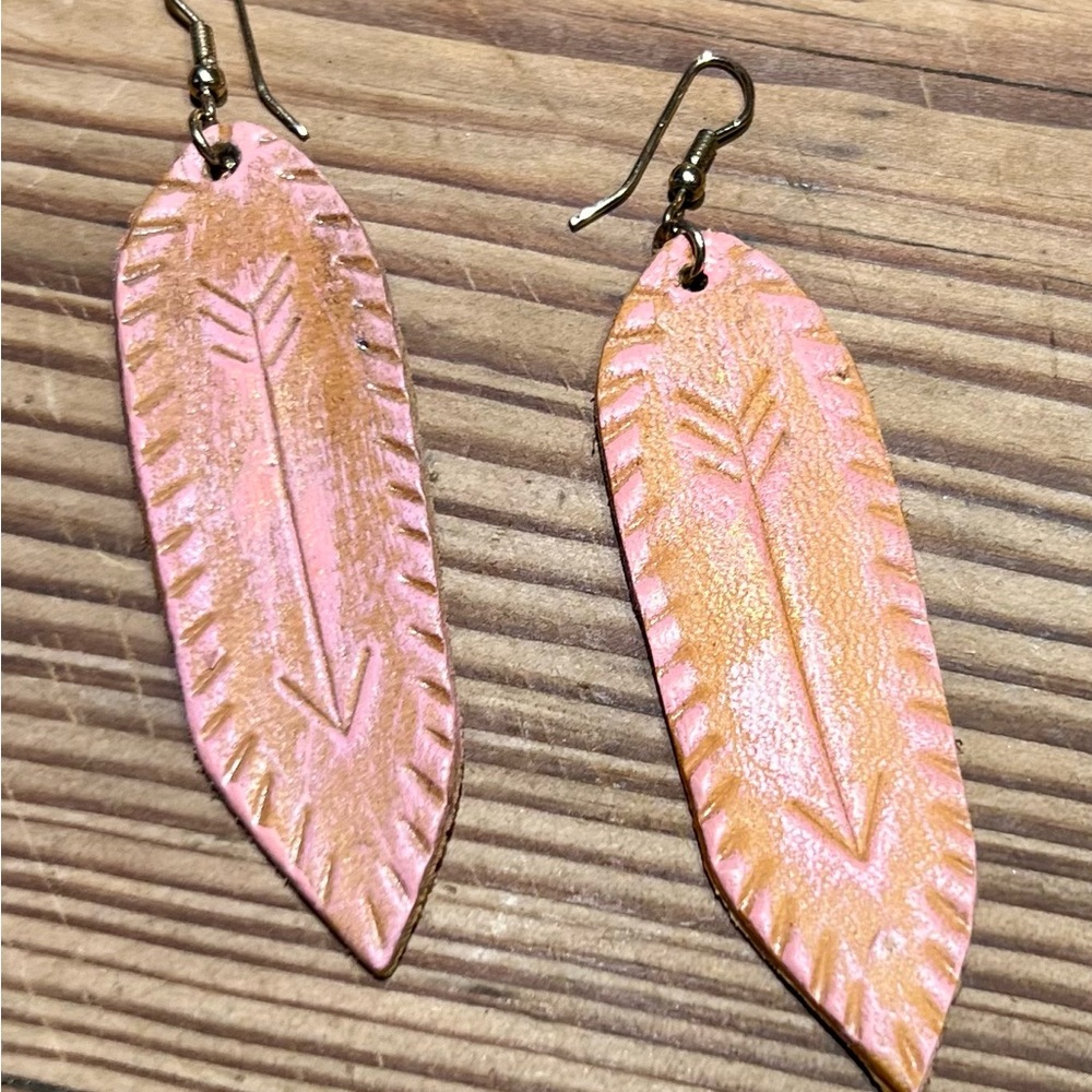 Pink and Gold Feather Shaped Earrings with Engraved Texture